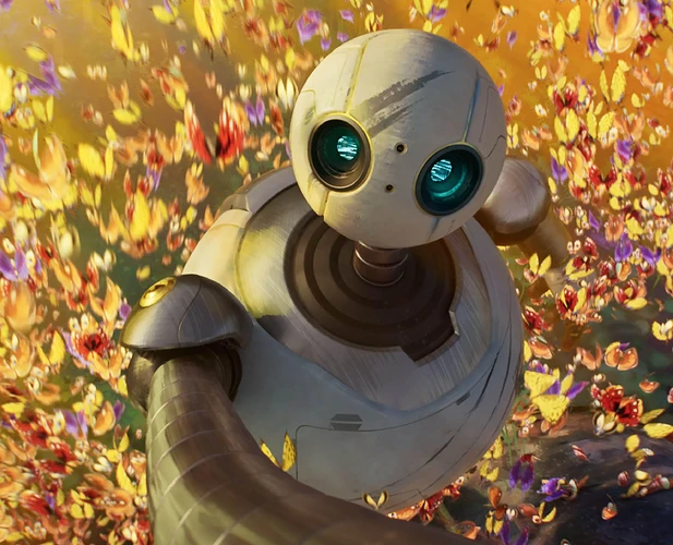 Illustration of a robot with bright green eyes and a body made of different shades of gray and white, surrounded by a swirling vortex of yellow, purple, and red butterfly-like leaves.