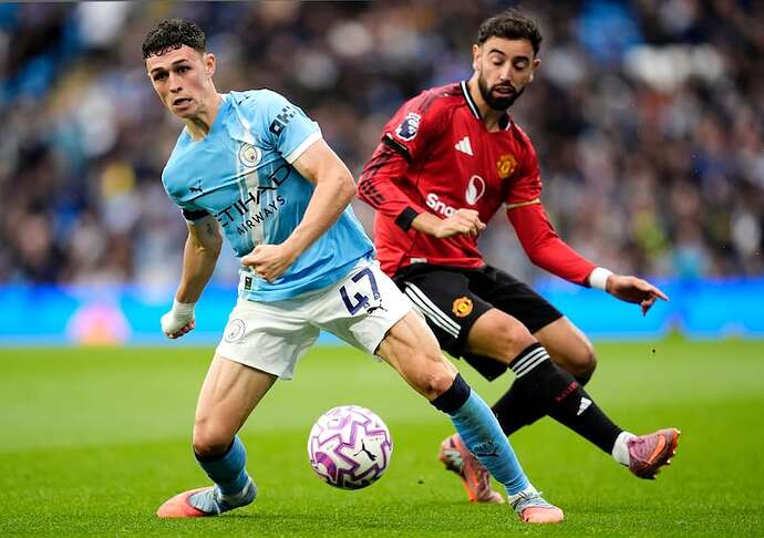 Manchester City's Phil Foden and Manchester United's Bruno Fernandes at Etihad Stadium on Sunday. Photograph: Nick Potts/PA Wire