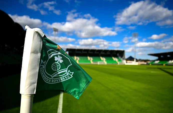 A Shamrock Rovers crest is seen on a corner flag pitchside at Tallaght Stadium in Dublin.