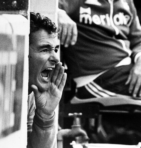 Nottingham Forest manager Brian Clough shouting instructions from the dug-out.
