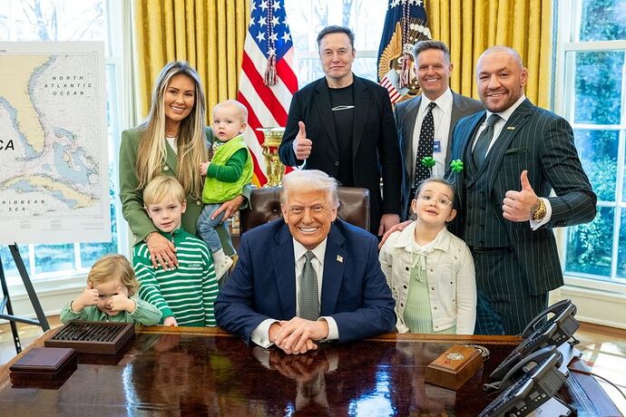 The McGregor family with Donald Trump and Elon Musk in the Oval Office in the White House. Photo: The White House/X.