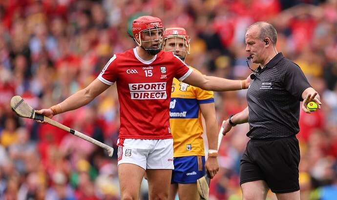 Cork’s Brian Hayes speaks to referee Johnny Murphy at the final whistle of normal time in the 2024 All-Ireland hurling final at Croke Park. Photograph: James Crombie/Inpho