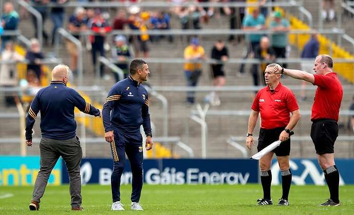 Wexford manager Keith Rossiter confronts referee Johnny Murphy at half-time in the Clare vs Wexford championship quarter-final in Semple Stadium in June. Photograph: Ryan Byrne/Inpho