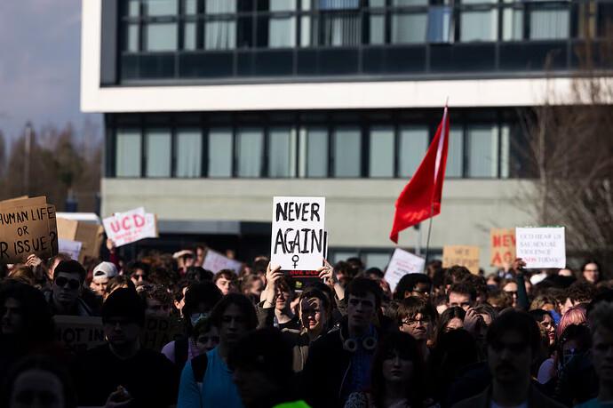 UCD students protesting in March to call for systemic change in how the university responds to sexual violence and gender-based harm. Photograph: Sam Boal/Collins Photos