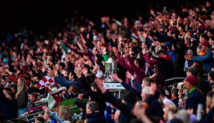 The Bob O'Keeffe Cup in the Hogan Stand as Galway supporters react during the closing stages of the Leinster SHC final win over Dublin on Saturday evening