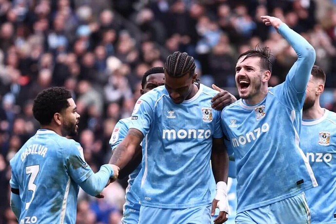 Coventry City's players celebrate during their Championship win over Leicester City in January 2026