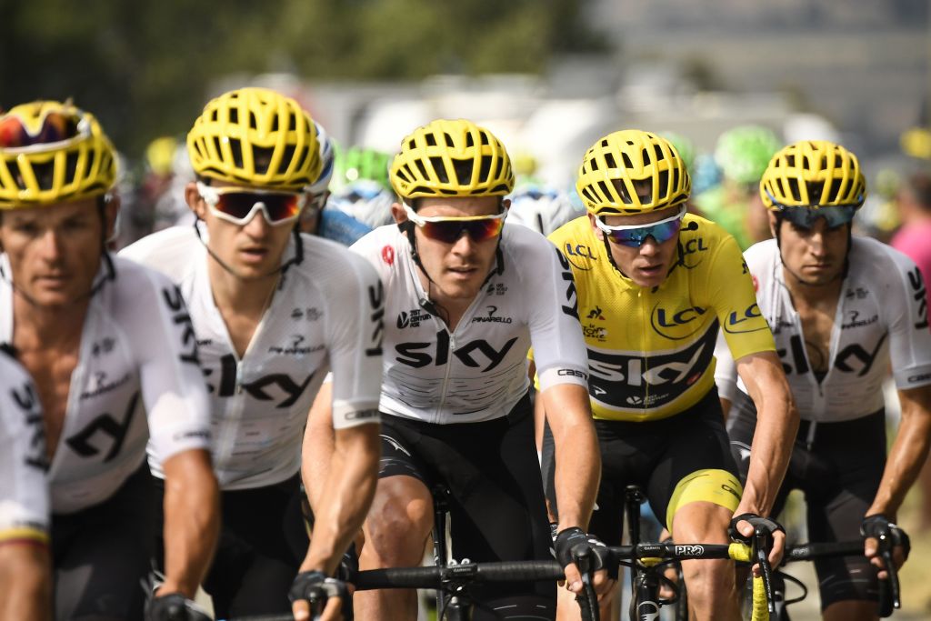 From L Belarus Vasil Kiryienka Polands Michal Kwiatkowski Great Britains Luke Rowe Great Britains Christopher Froome wearing the overall leaders yellow jersey and Spains Mikel Landa ride during the 2225 km nineteenth stage of the 104th edition of the Tour de France cycling race on July 21 2017 between Embrun and SalondeProvence AFP PHOTO Lionel BONAVENTURE Photo credit should read LIONEL BONAVENTUREAFP via Getty Images